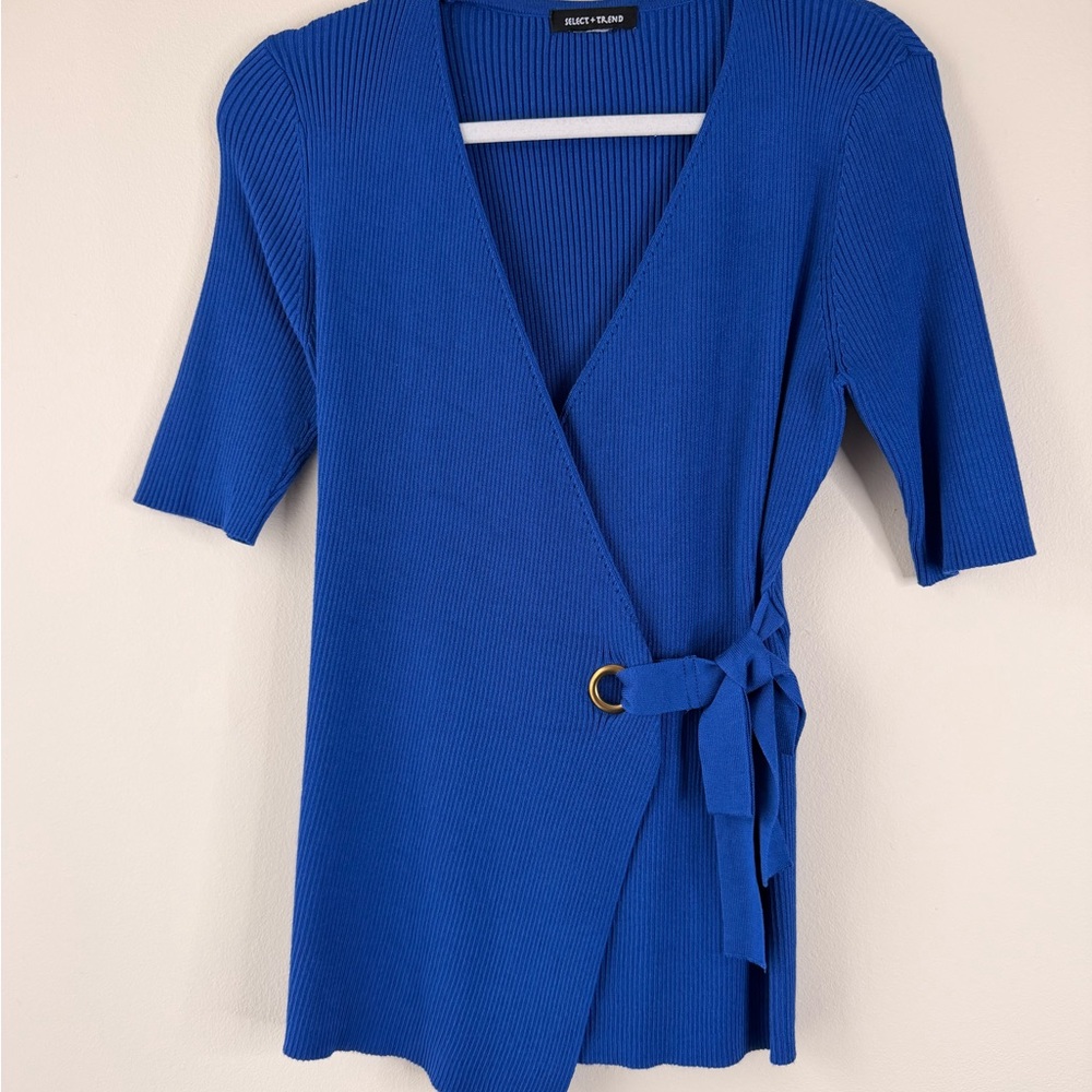 Blue Wrap Sweater with Ring Detail